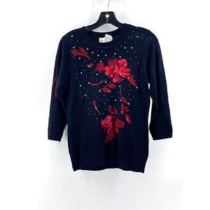 C. D. Petites Women's 3/4 Sleeve Black Rhinestone Roses Knit Sweater Size PS